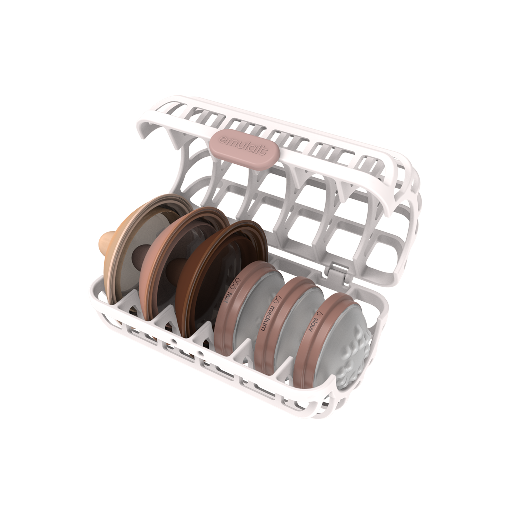 Emulait Nipples and Flow Valve Control Organized in Dishwasher Basket