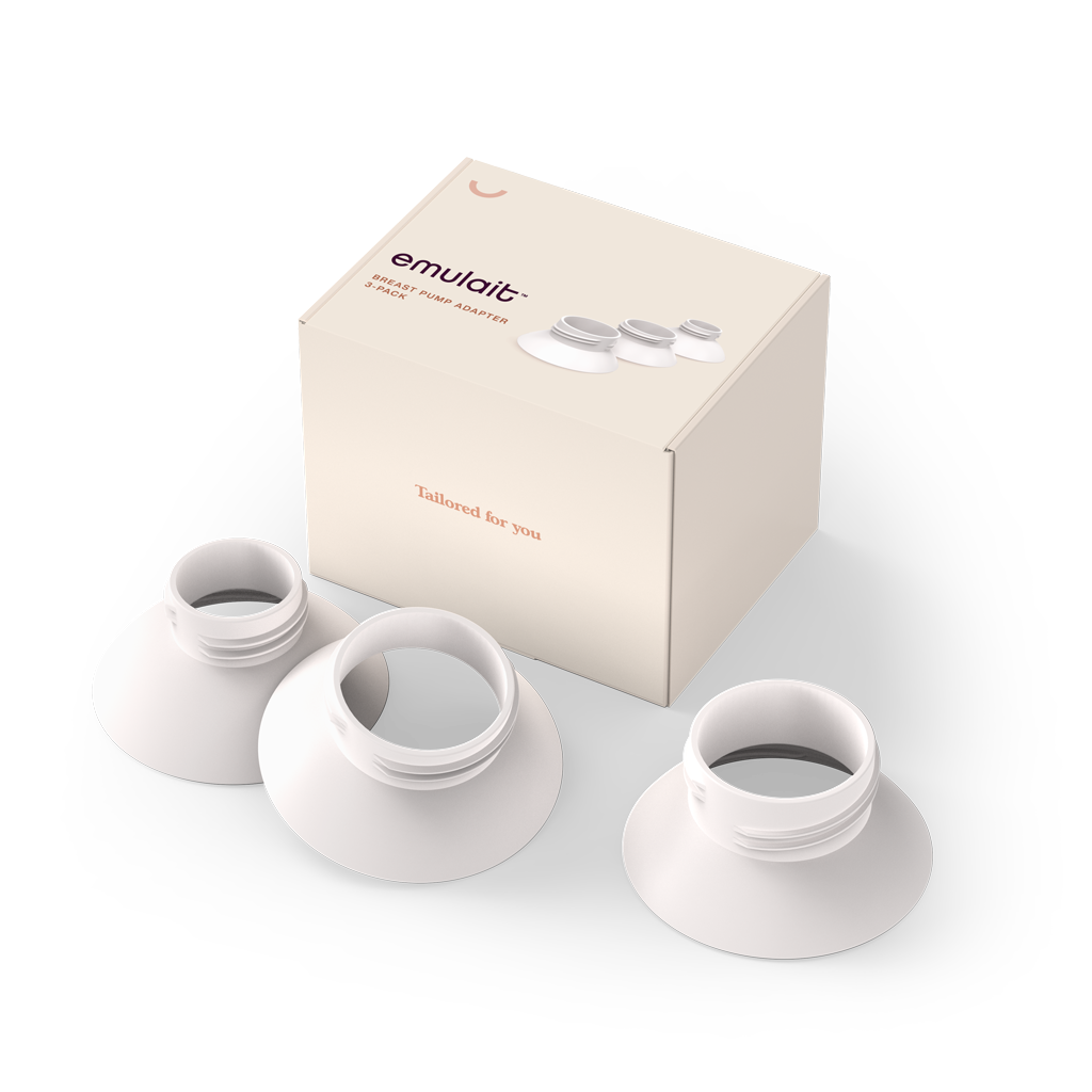 Emulait Breast Pump Adapter Packaging: Closed Box with 3 Pump Adapter Options